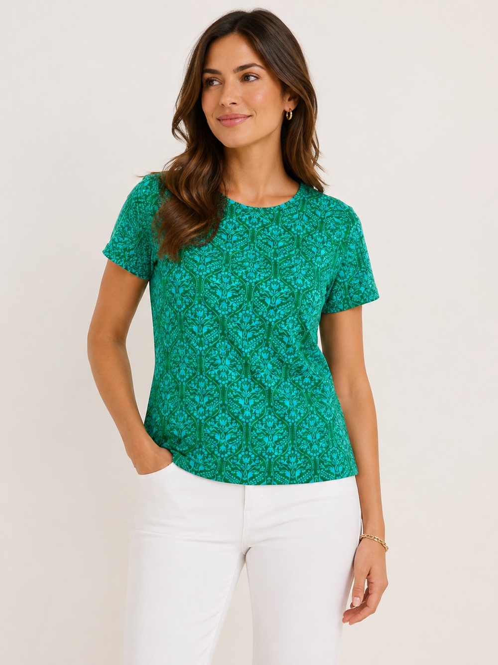 Ann Taylor Green Floral Print Short Sleeve Crew Neck Tee